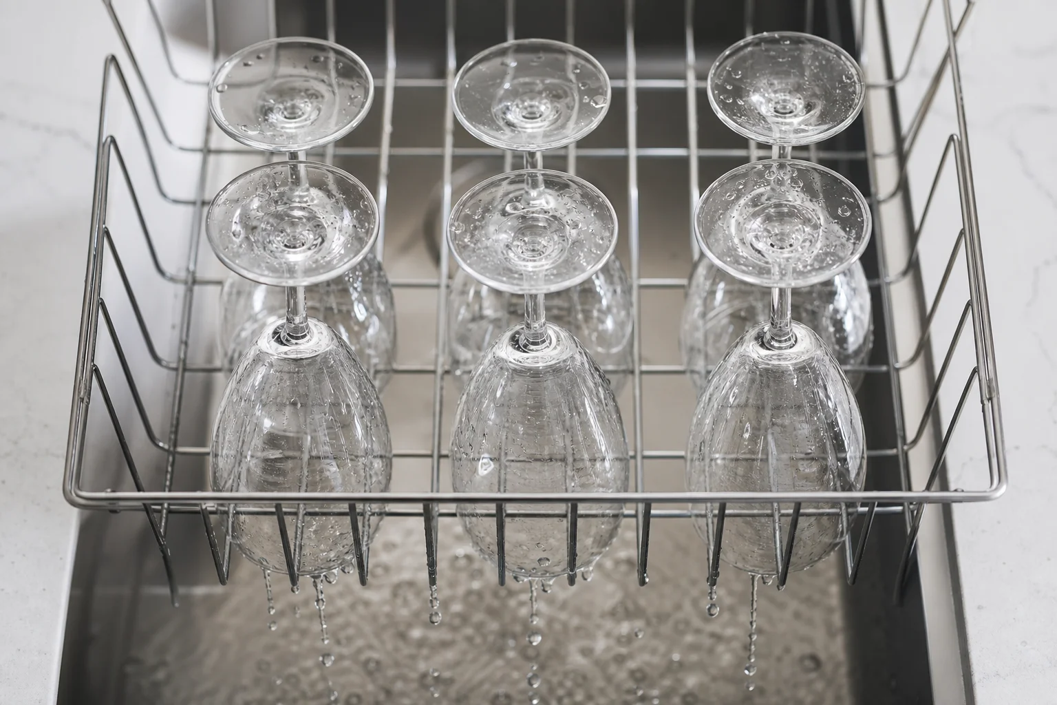 Simplehuman dish rack filled with clean dishes, wine glasses, and utensils drying