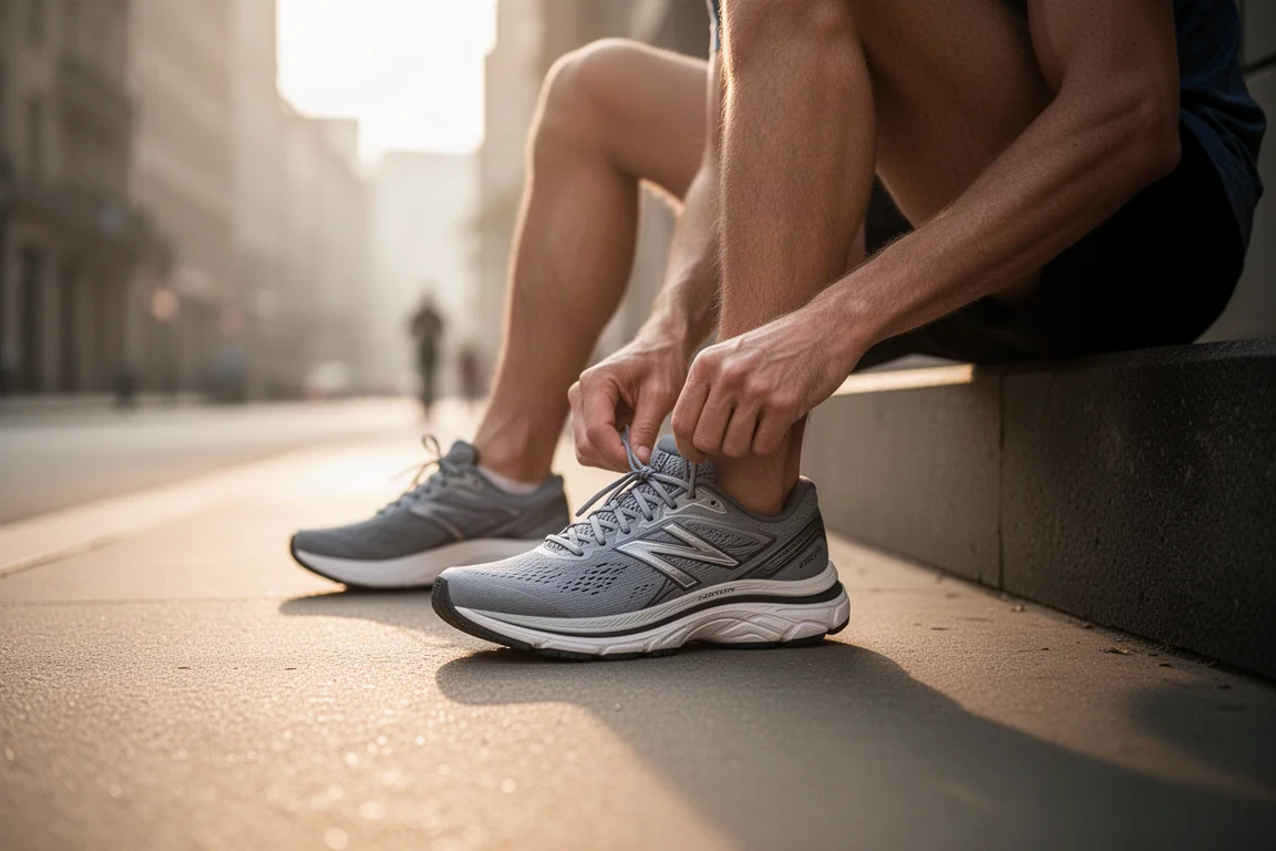 Un runner allaccia una scarpa da running su strada ammortizzata sulla soglia di casa prima di un'uscita tranquilla del mattino
