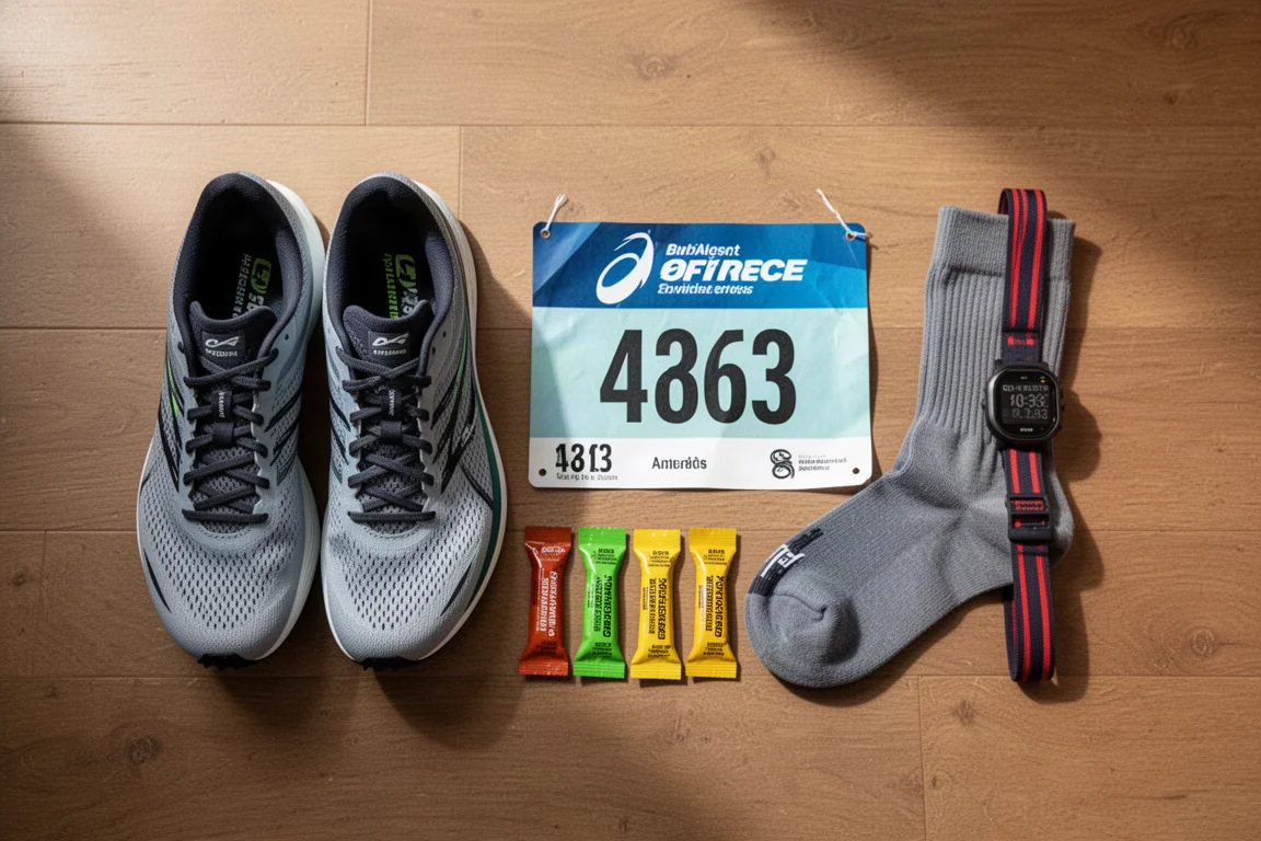 Disposizione di attrezzatura da running e scarpe su un pavimento in legno prima del giorno di gara