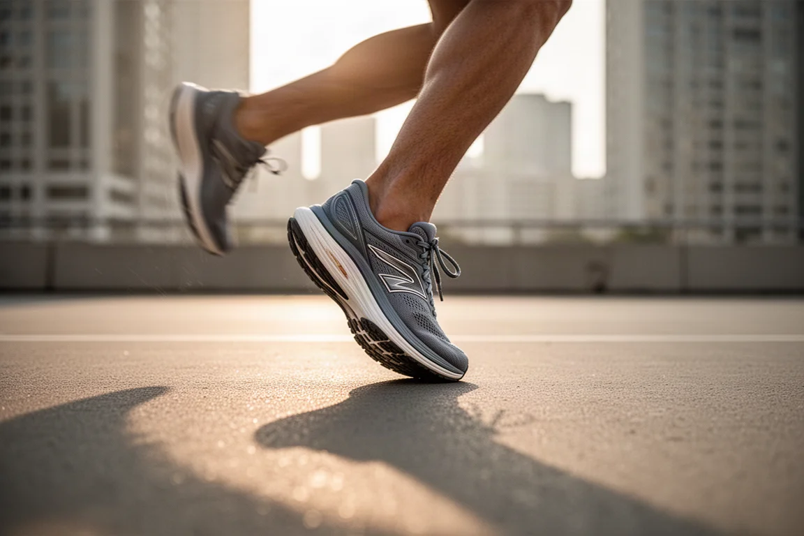 Runner lacing up a tall-stack cushioned road running shoe on a city pavement