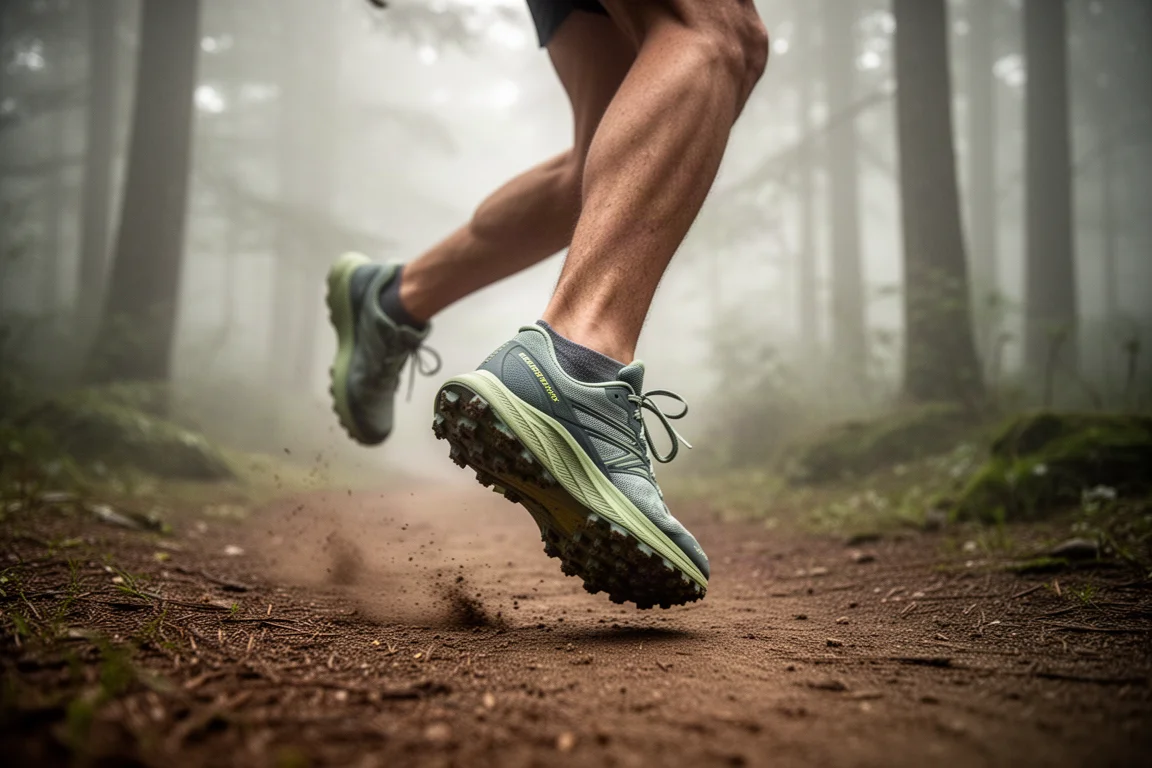Trail runner crossing soft forest ground in a cushioned trail shoe