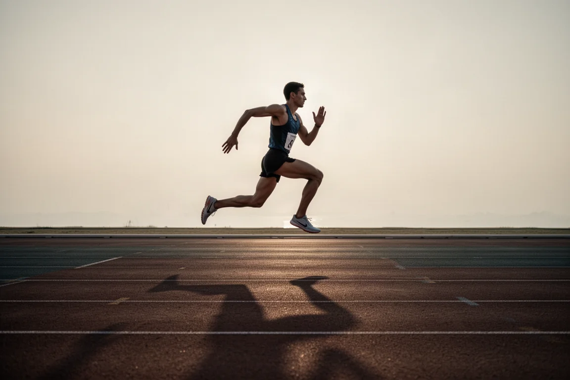 Runner sprinting on an athletics track at dawn in a lightweight racing shoe
