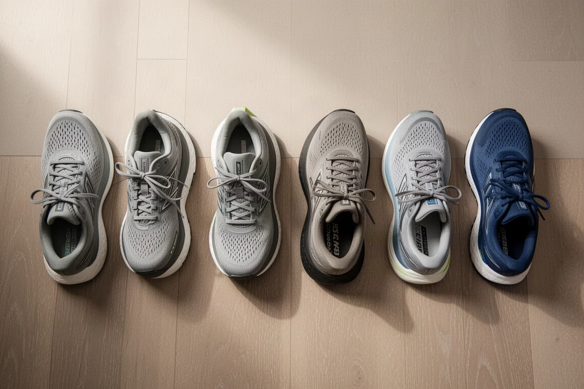 Close-up of running shoes lined up on a wooden floor for comparison