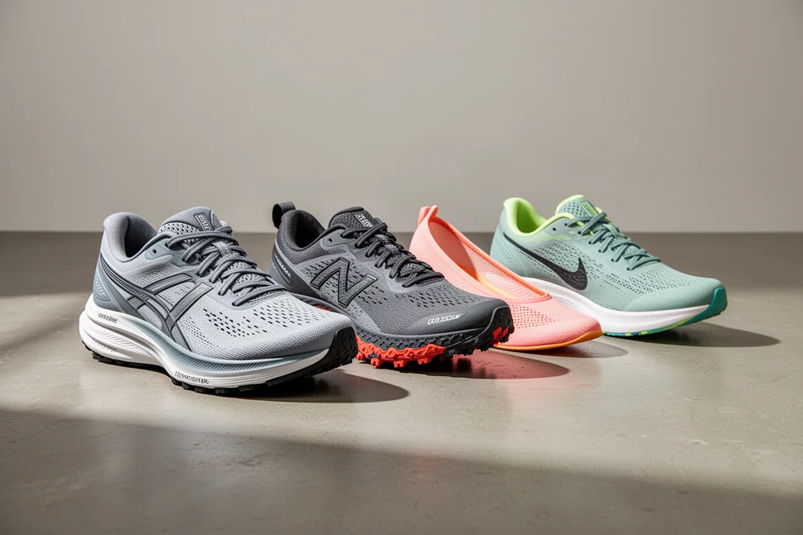 A lineup of modern running shoes including a tall-stack trainer, trail shoe and racing flat