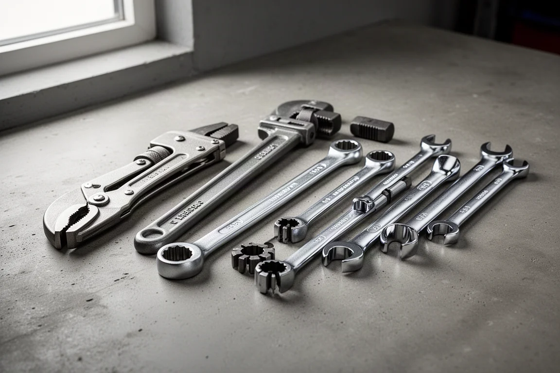 Assortment of wrenches and bolt extractor tools arranged on a workshop surface