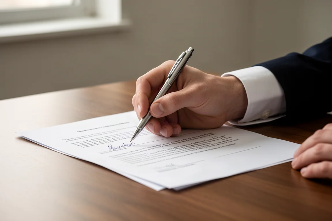 Hand signing a document at a wooden desk in soft daylight