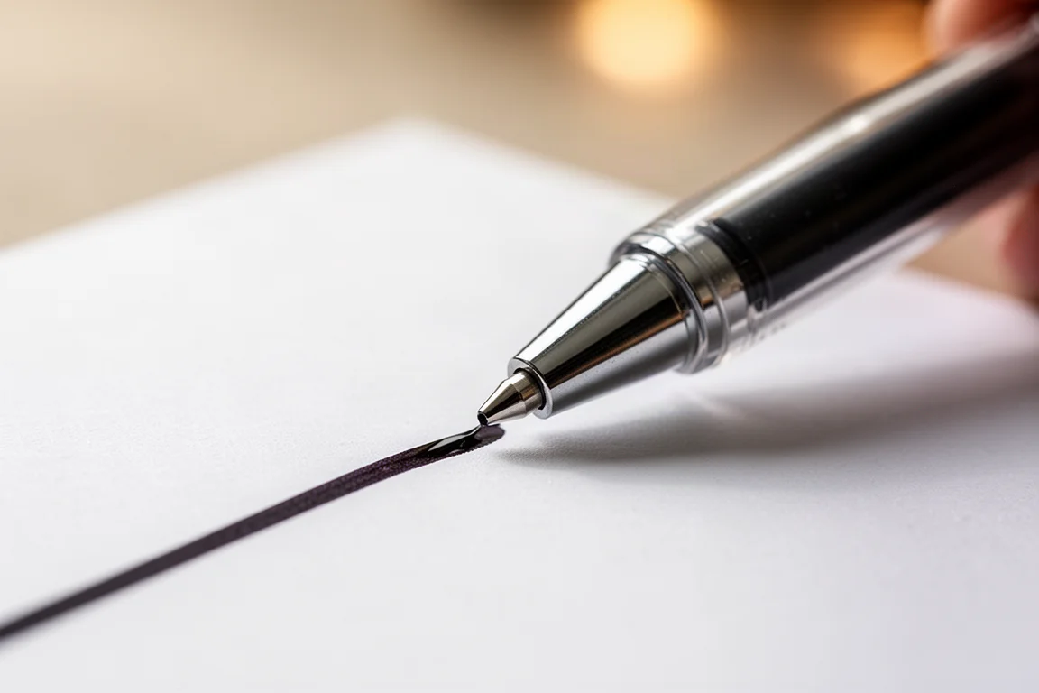 Close-up of a ballpoint tip laying down a smooth dark line on paper