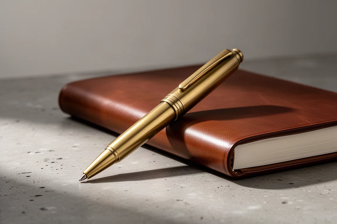 Heavy brass pen resting beside a notebook on a concrete surface