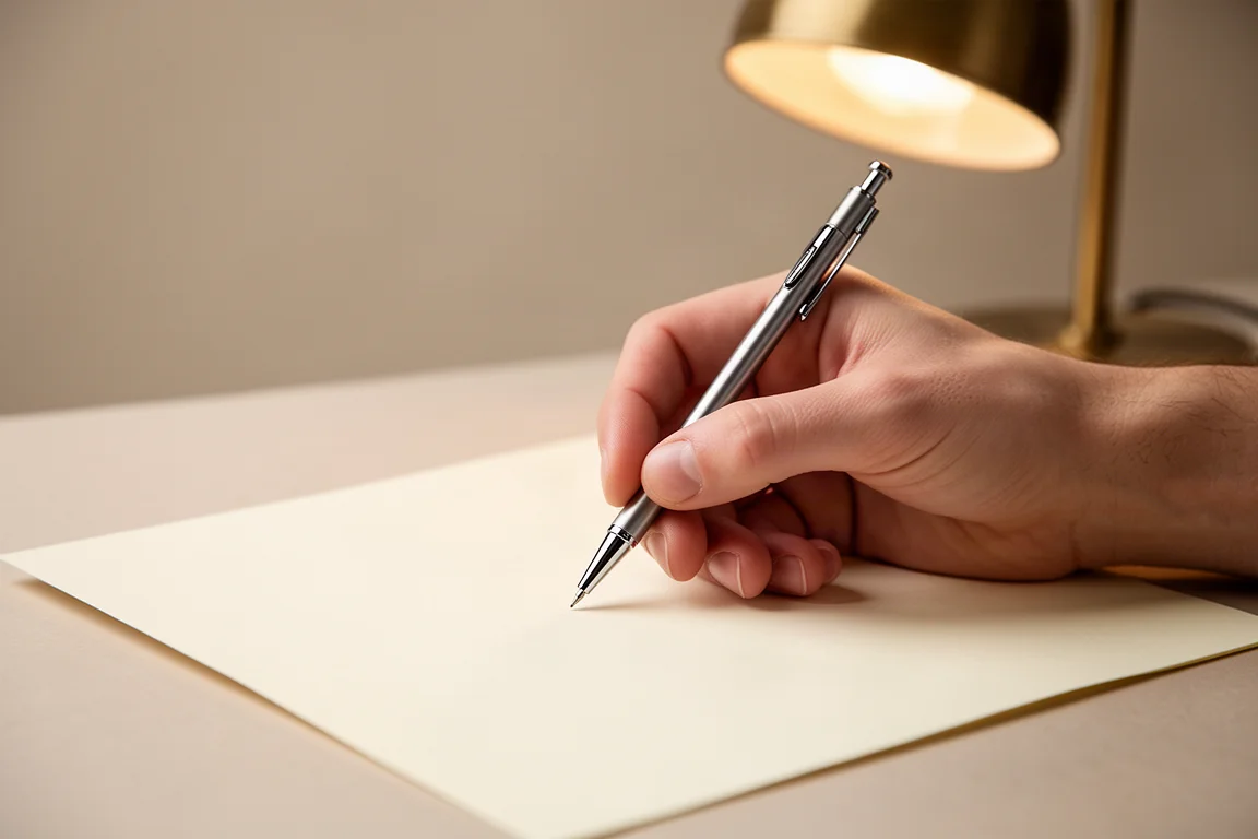 Una mano escribiendo notas fluidas con un portaminas sobre papel color crema