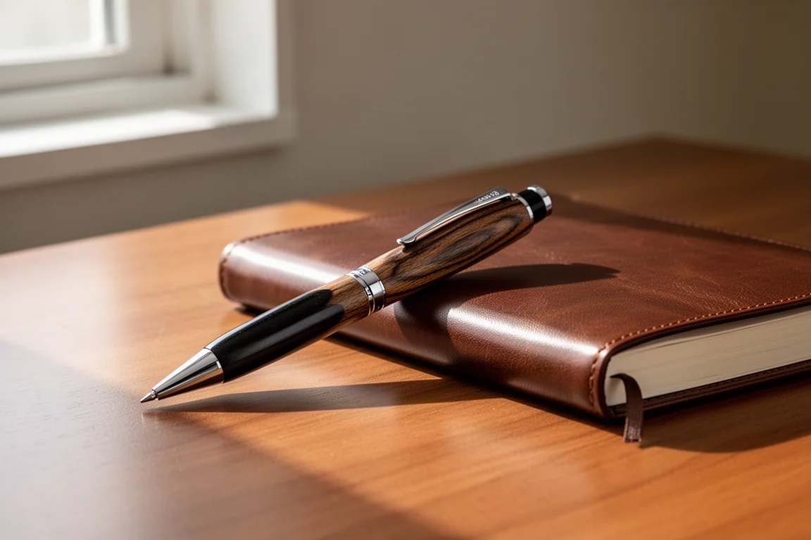 Portaminas de madera apoyado junto a un cuaderno de piel sobre un escritorio