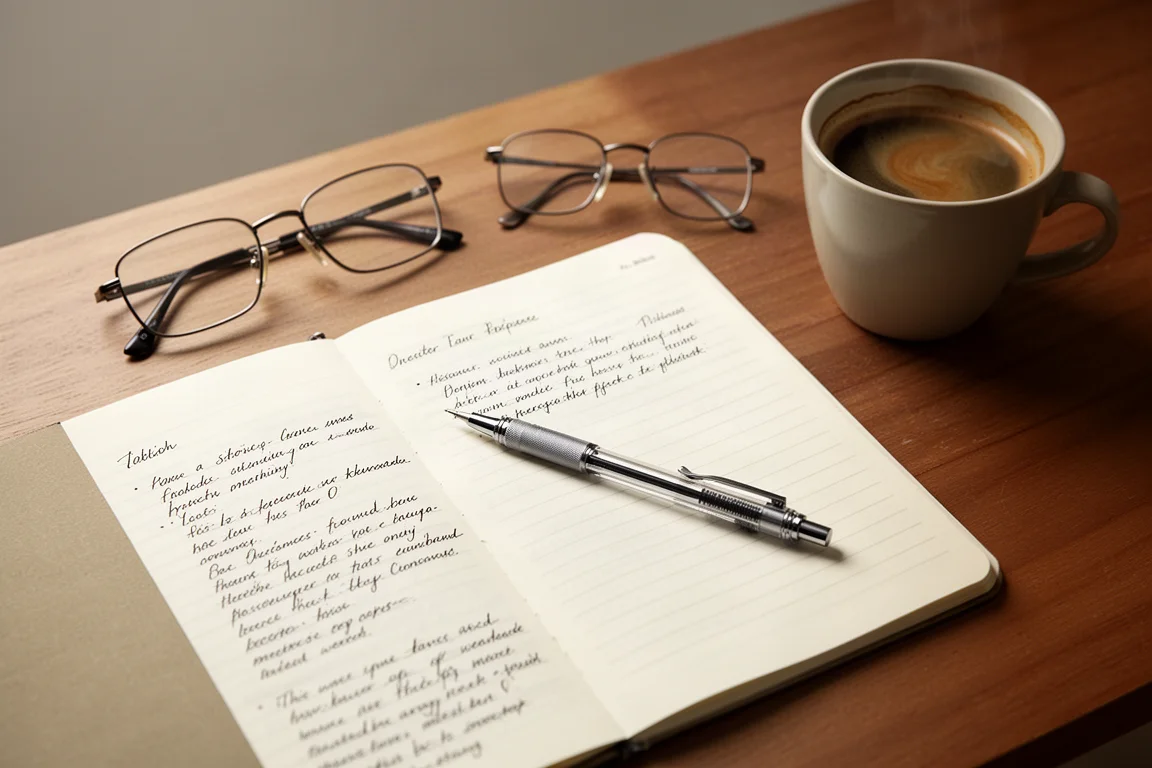 Escena de escritorio de estudio con apuntes, un portaminas y una taza de café