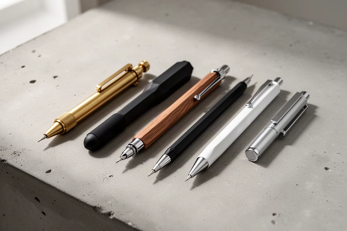 Six mechanical pencils arranged on a concrete desk in a diagonal lineup
