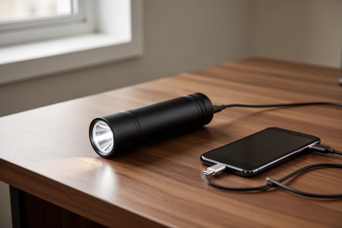 Linterna cargando un smartphone mediante un cable USB-C sobre un escritorio de madera