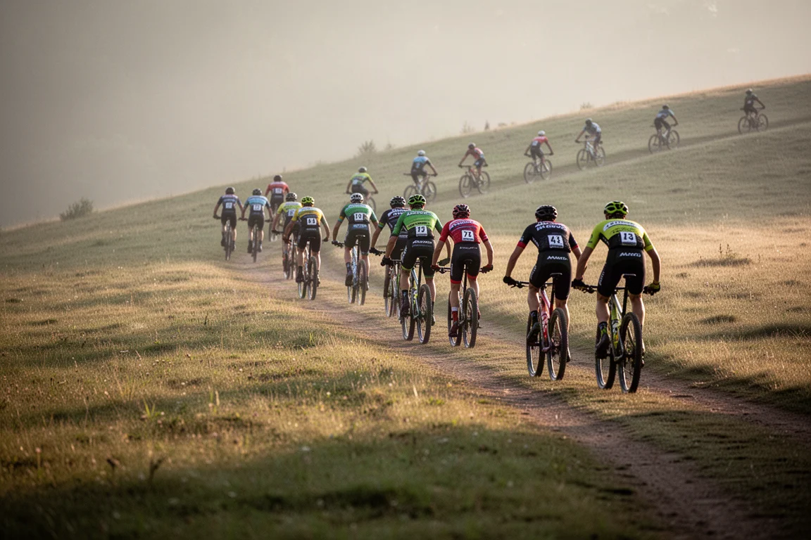 Gruppo di biker cross-country che sale su una strada sterrata erbosa nella luce del mattino