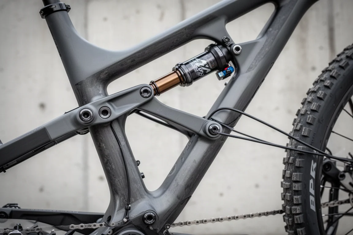 Primo piano del leveraggio della sospensione posteriore e del triangolo posteriore flessibile di una mountain bike