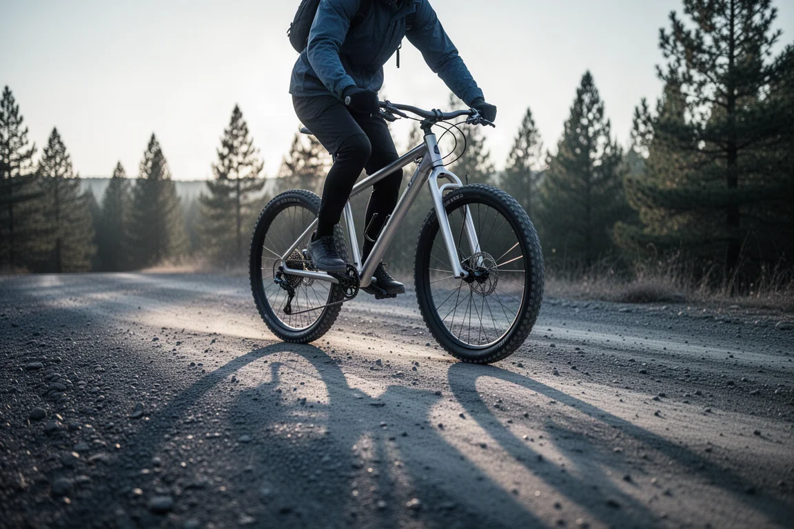 Rider su una hardtail in alluminio che sale su una strada sterrata all'alba