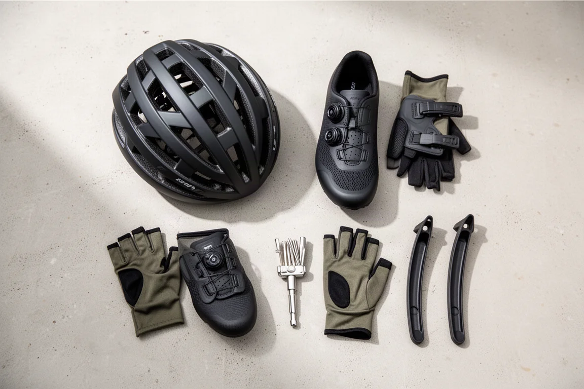 Flat lay di accessori essenziali per il cross-country su una superficie in cemento