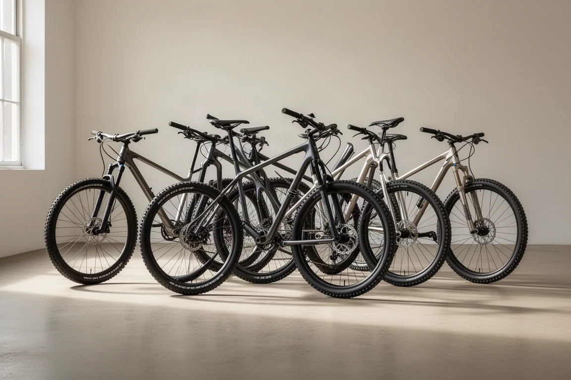 Vijf cross-country mountainbikes op een rij op een lichtgrijze betonnen studiovloer