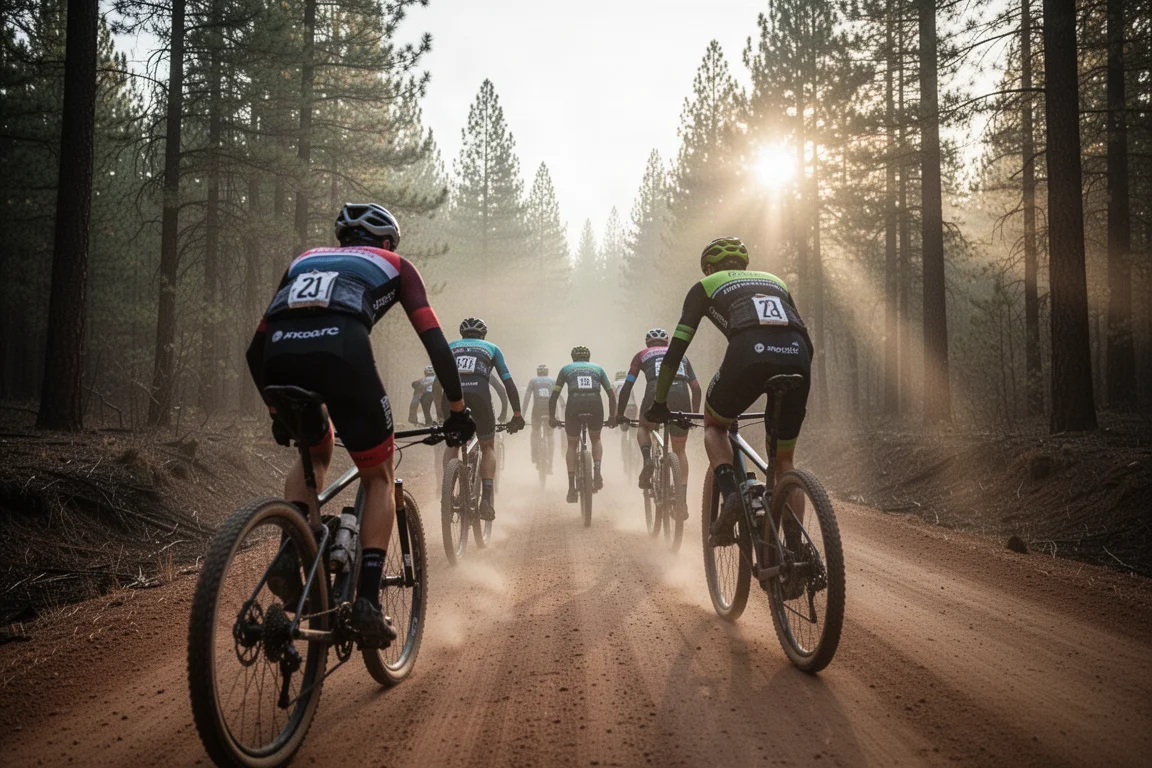 Gruppe von Cross-Country-Mountainbikern, die in frühem Morgenlicht eine Forststraße hinauffährt