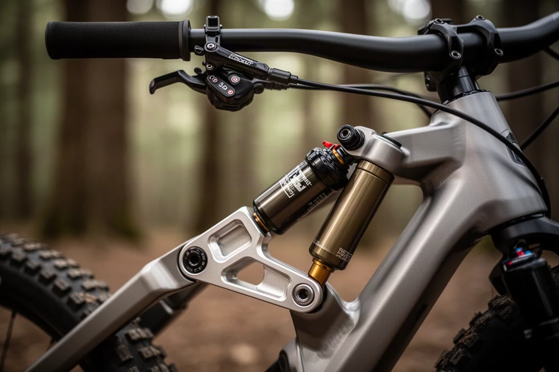 Nahaufnahme eines Mountainbike-Dämpfers, gefräster Umlenkung und Lockout-Hebel am Lenker