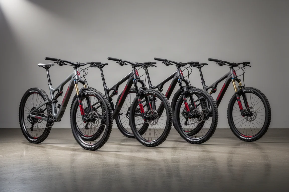 Fyra cross-country-racermountainbikes uppställda mot en neutral studiobakgrund