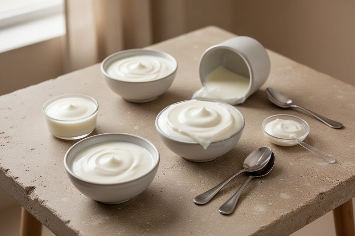 Spoons tasting plain yogurt samples arranged on a tasting table
