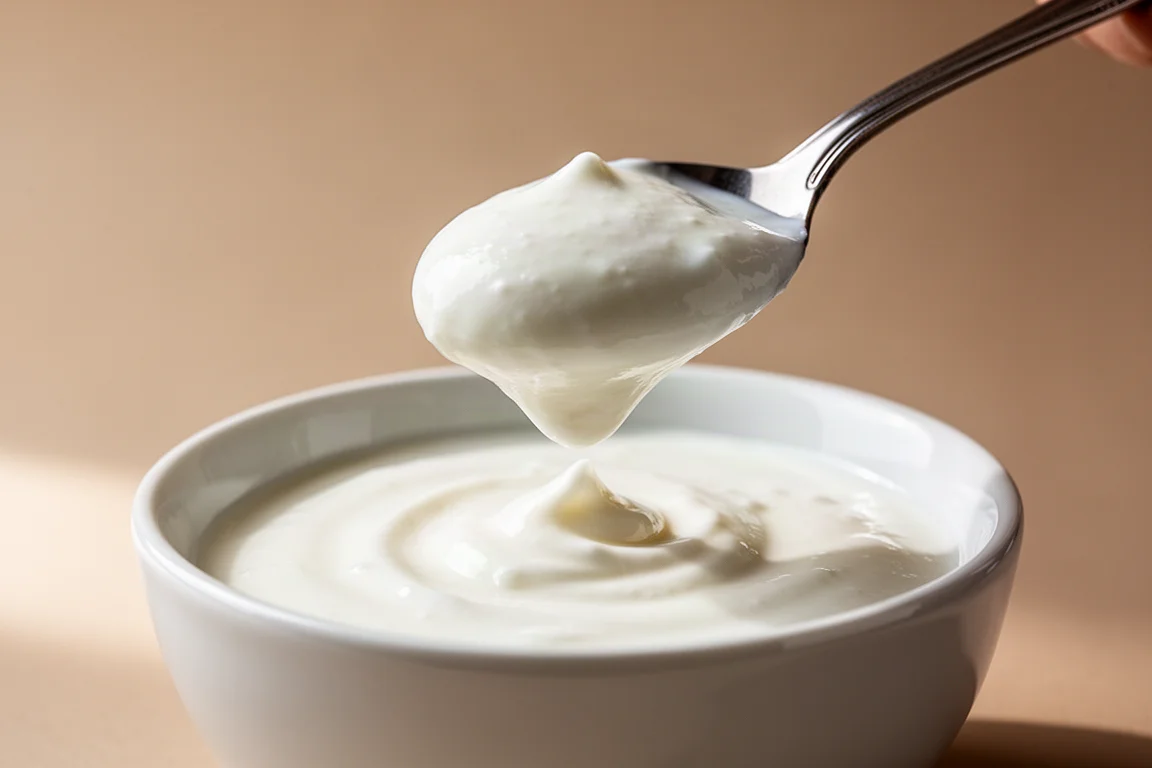 Thick Greek yogurt standing on a spoon over a bowl