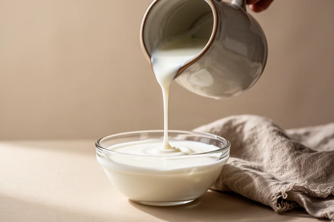 Runny tangy yogurt being poured into a small glass bowl