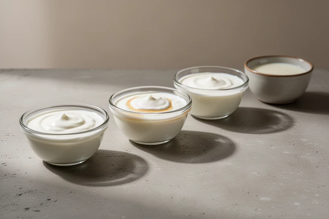 Row of plain yogurt samples in bowls on a concrete tasting table