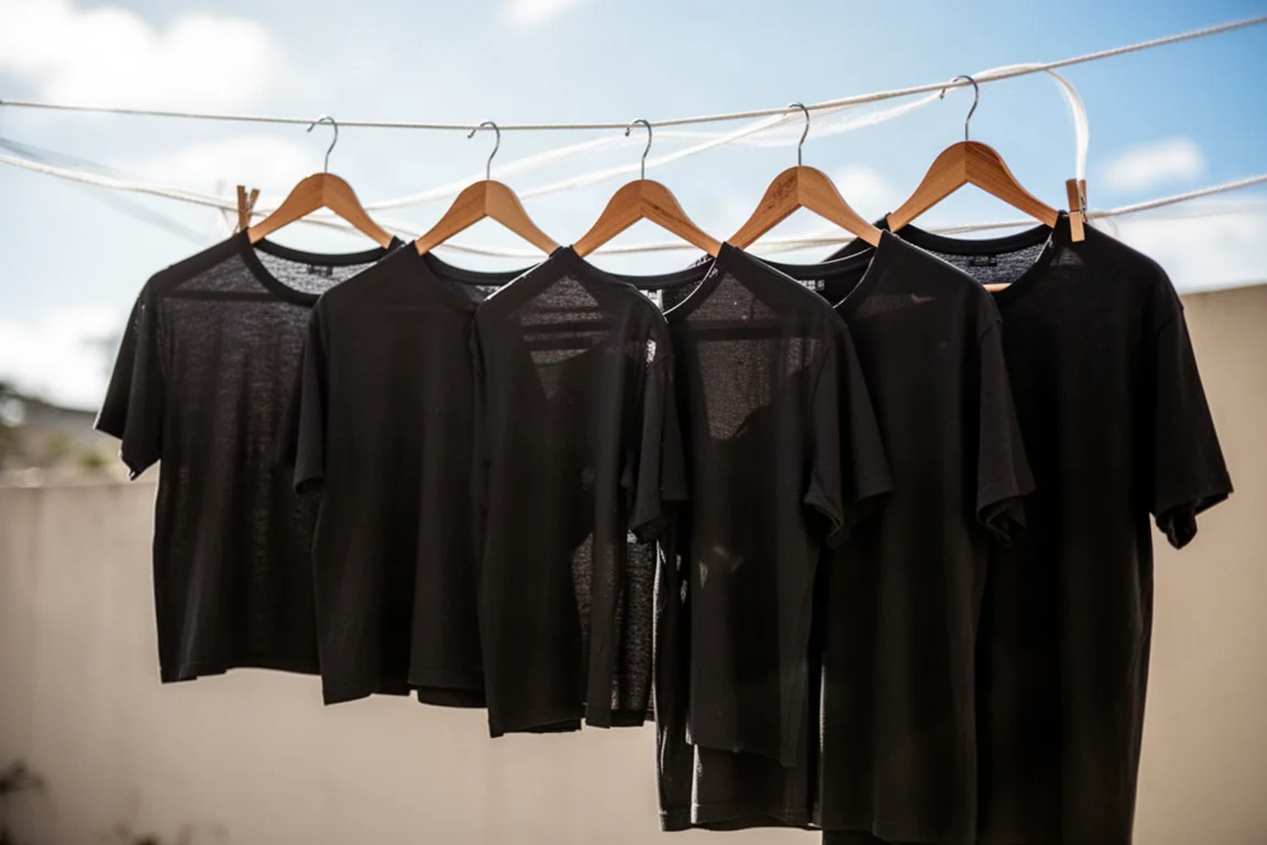 明るい日光の下、ハンガーにかけて屋外で乾いているTシャツ