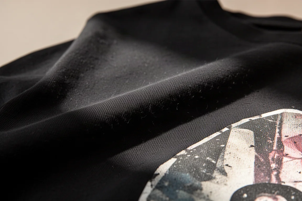 何度もの洗濯サイクル後にわずかな劣化が見えるTシャツのプリントの接写