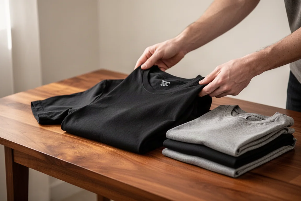 テーブルの上で洗いたてのTシャツを畳んでいる人