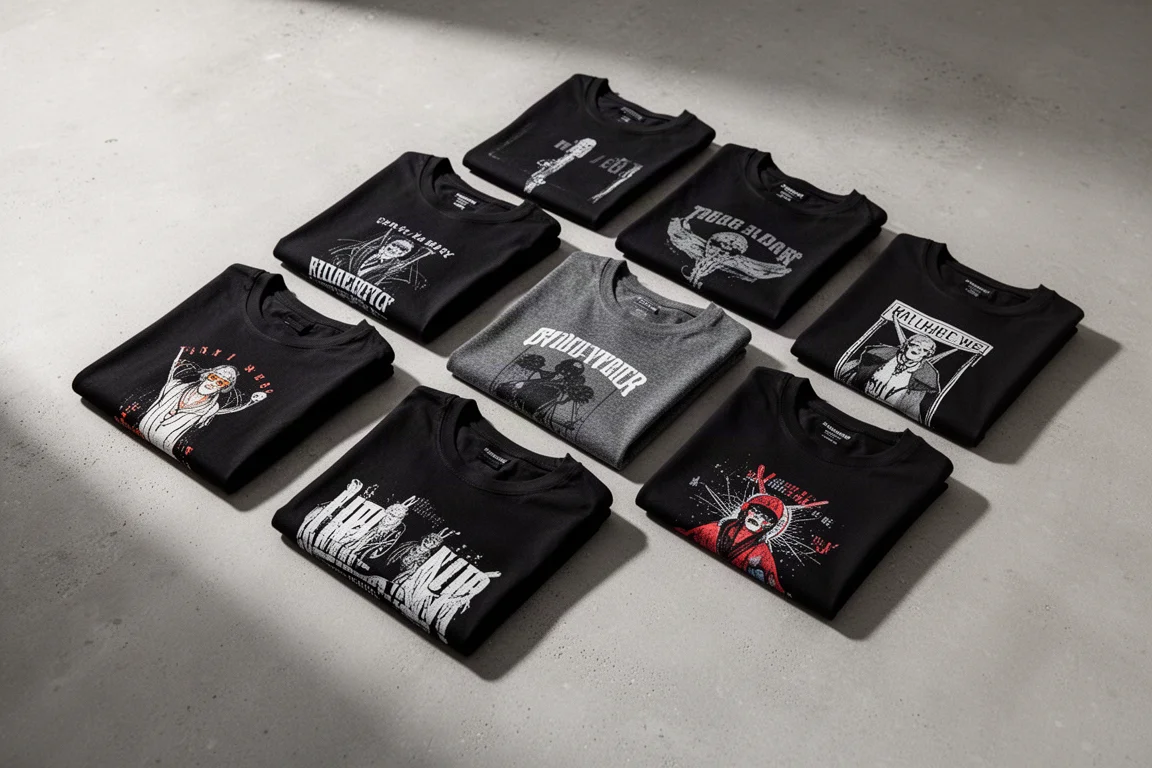 Nine folded t-shirts arranged in a grid on a concrete surface