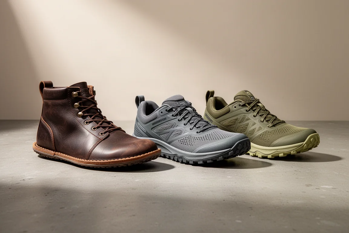 Three pairs of zero-drop hiking footwear lined up on a matte concrete surface