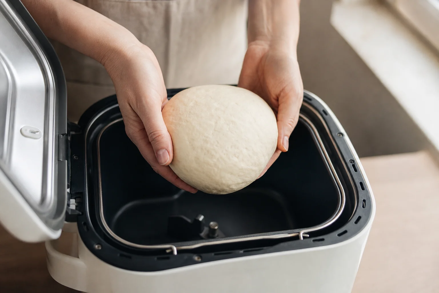 Hands placing dough into a bread maker with an open lid