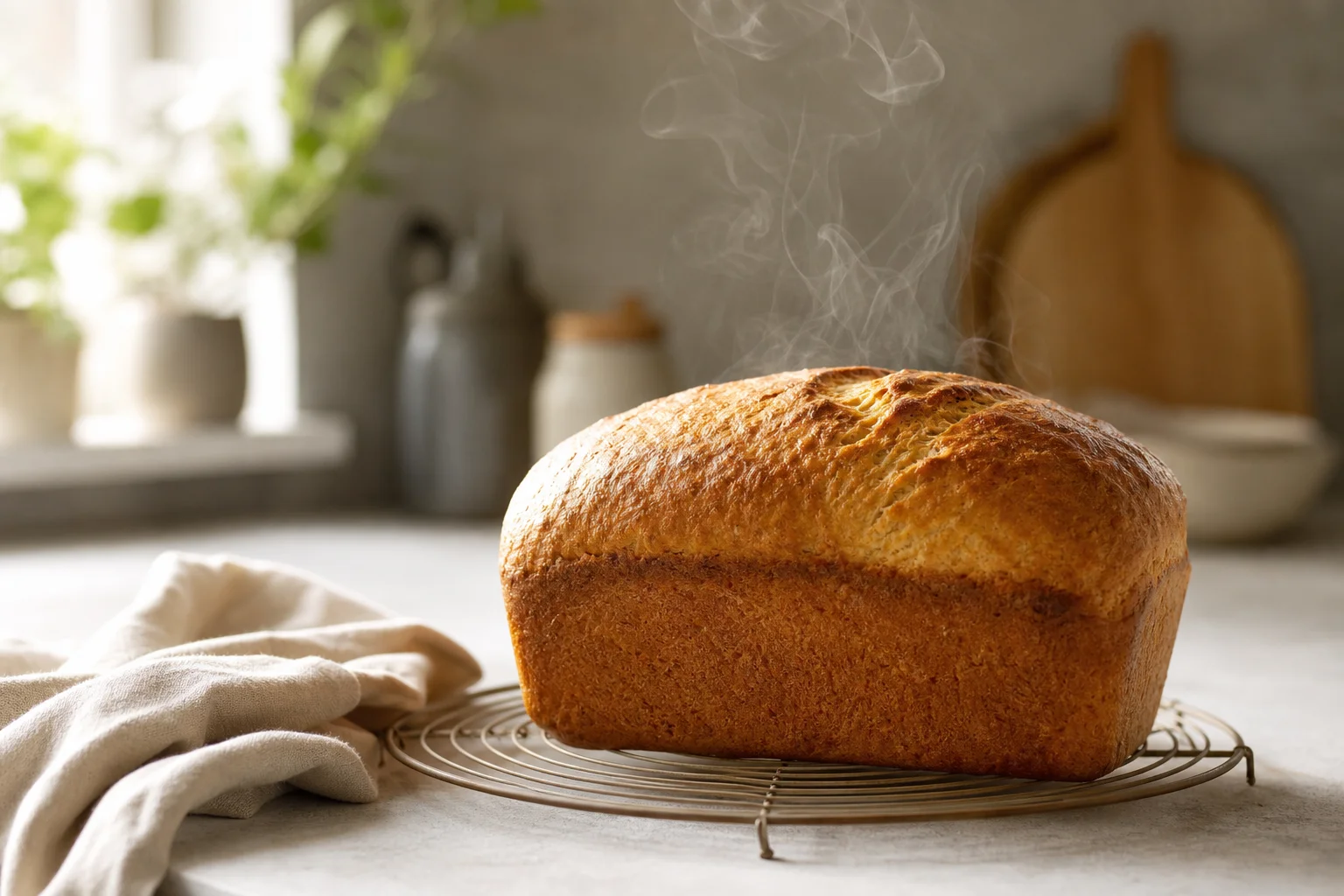 Freshly baked loaf of bread cooling on a kitchen counter