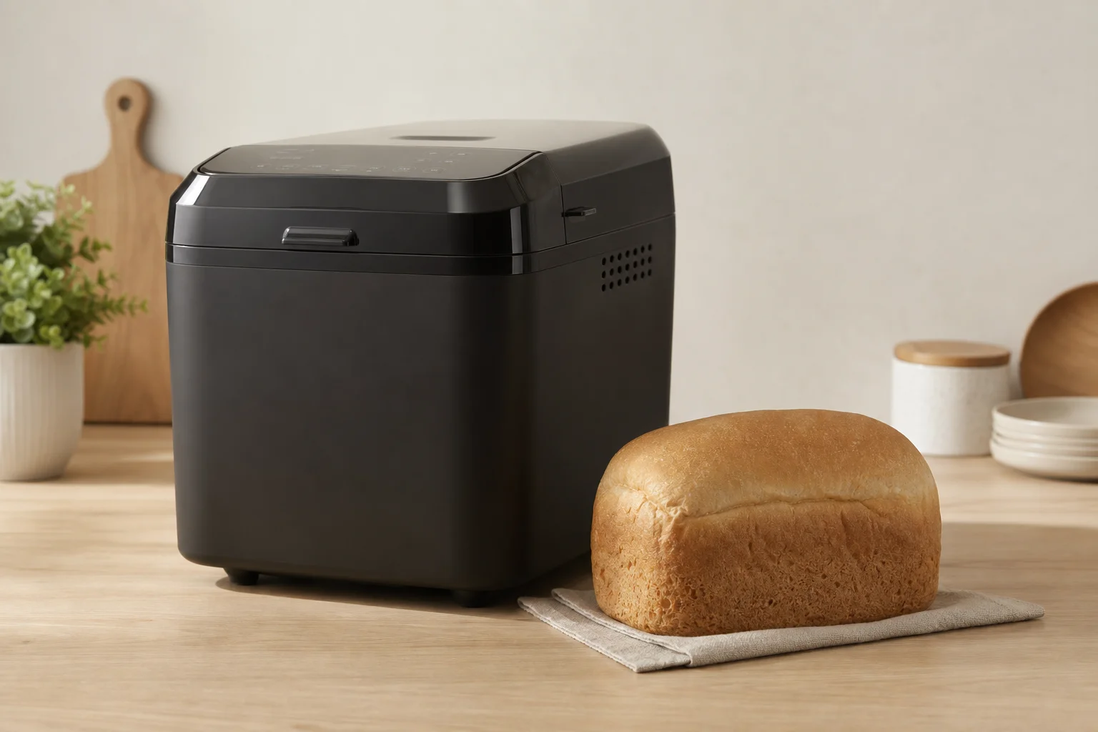 Kitchen counter with bread maker and fresh bread loaf displayed