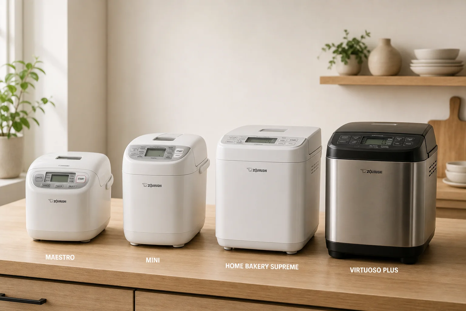 Four Zojirushi bread maker models arranged on a wooden countertop