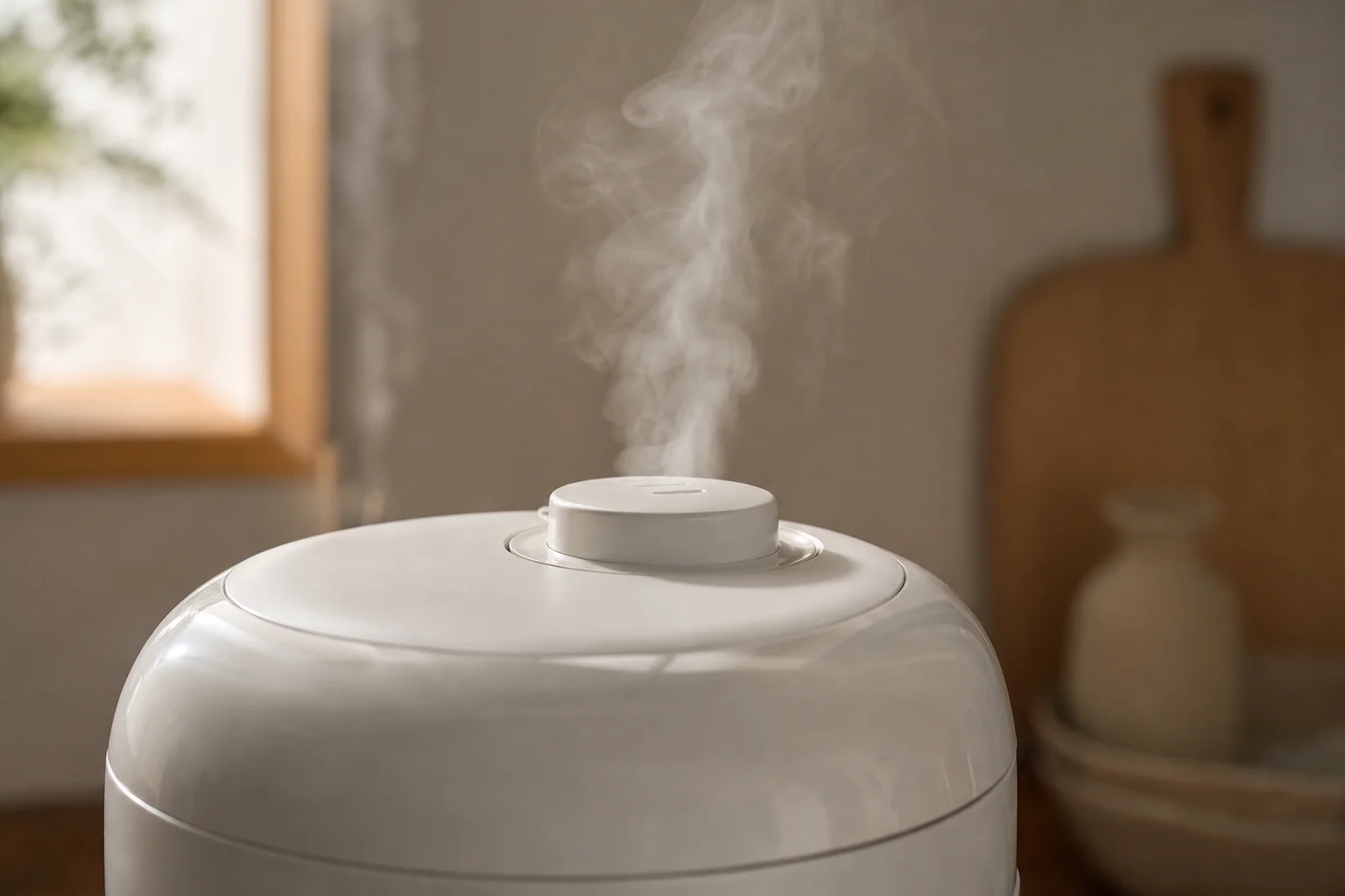 Close-up of rice cooker steam vent with steam rising during cooking