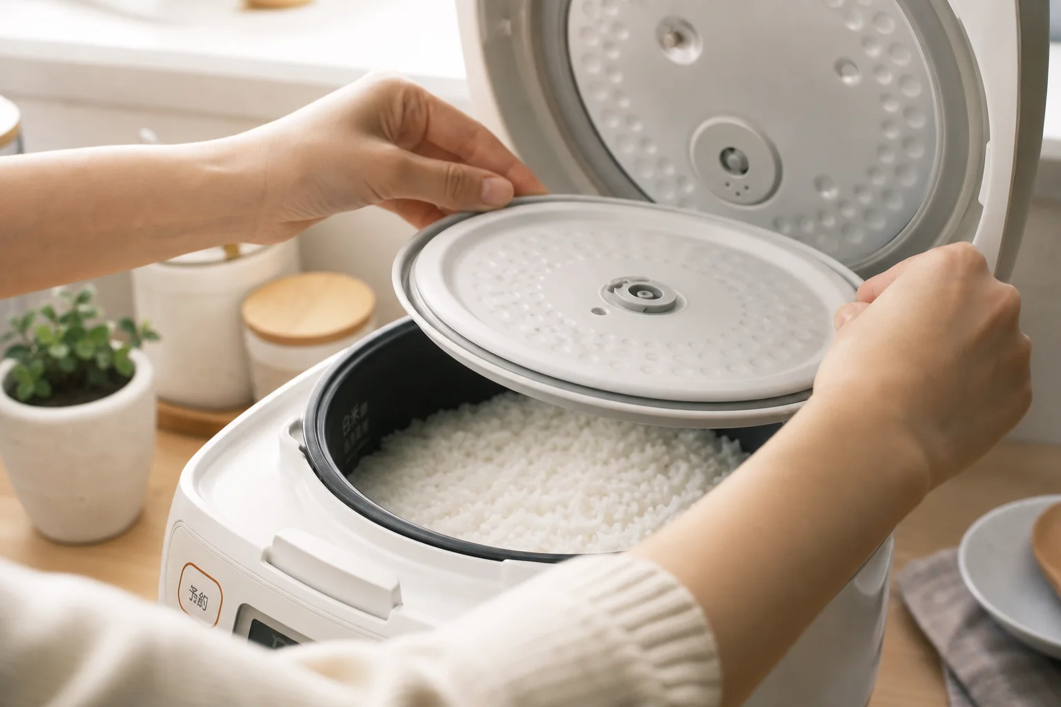 Hands lifting inner lid of rice cooker revealing fluffy cooked rice