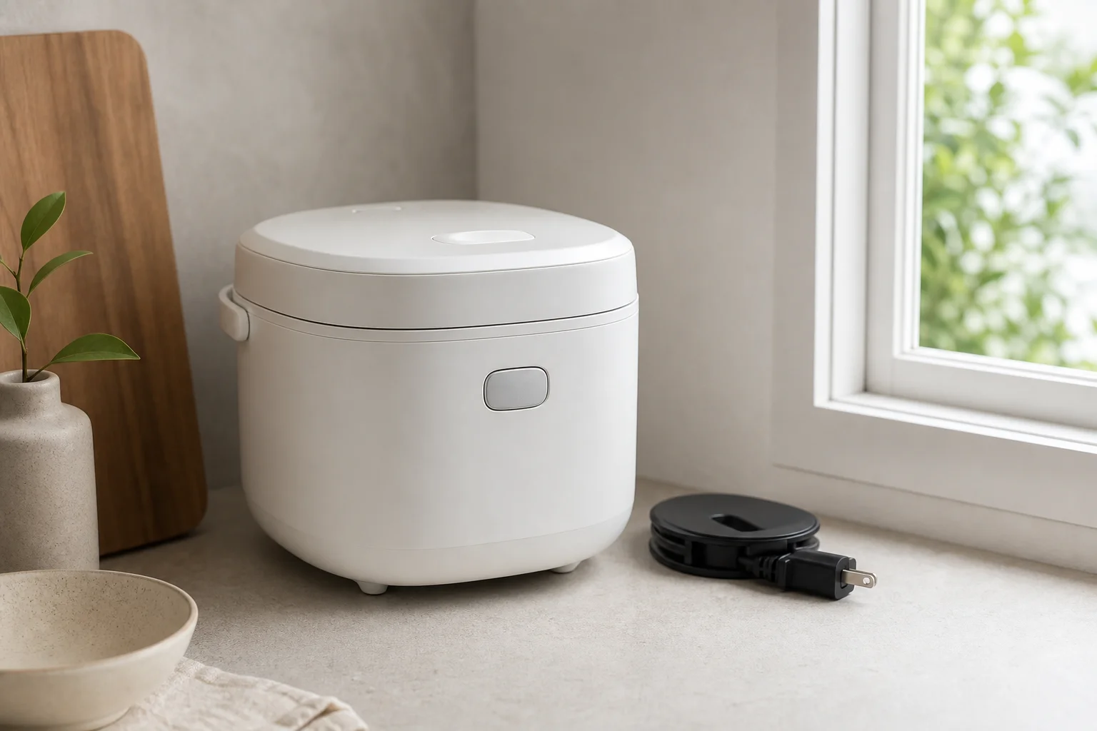 Compact rice cooker with retractable cord on small kitchen counter