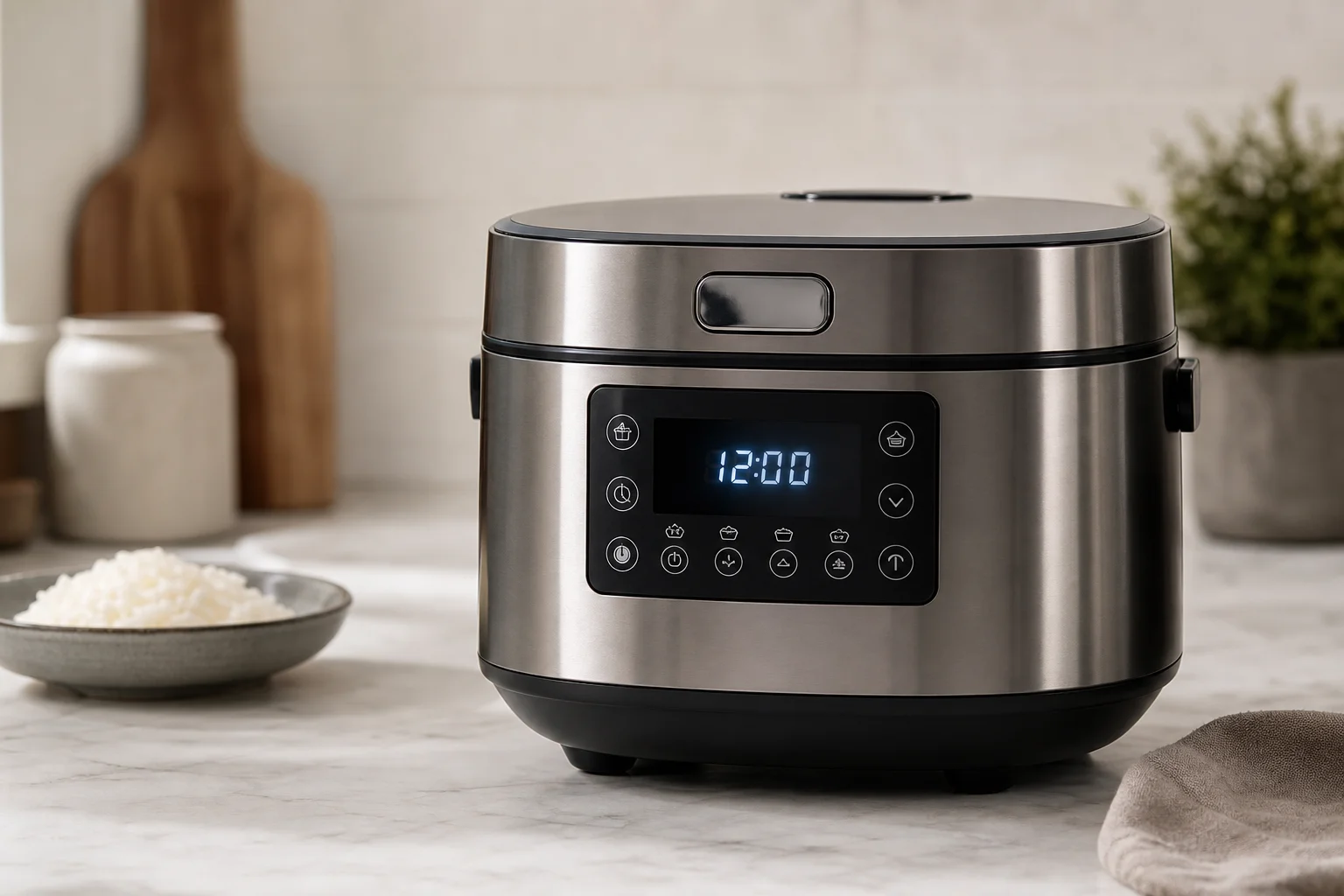 Premium induction-heating rice cooker with LCD display on kitchen counter