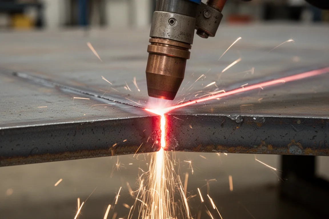 Plasma cutter torch cutting through a thick steel plate with bright sparks