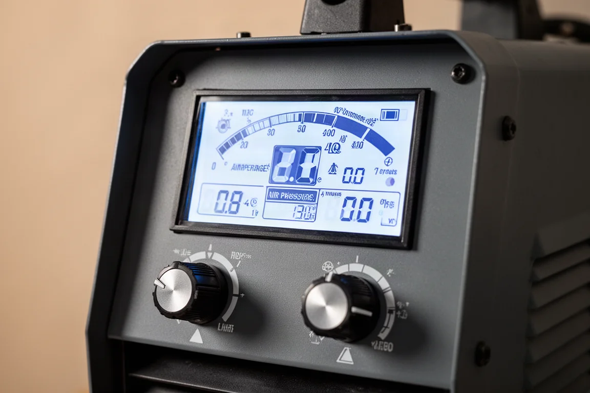 Close-up of plasma cutter front panel with LCD screen and control knobs