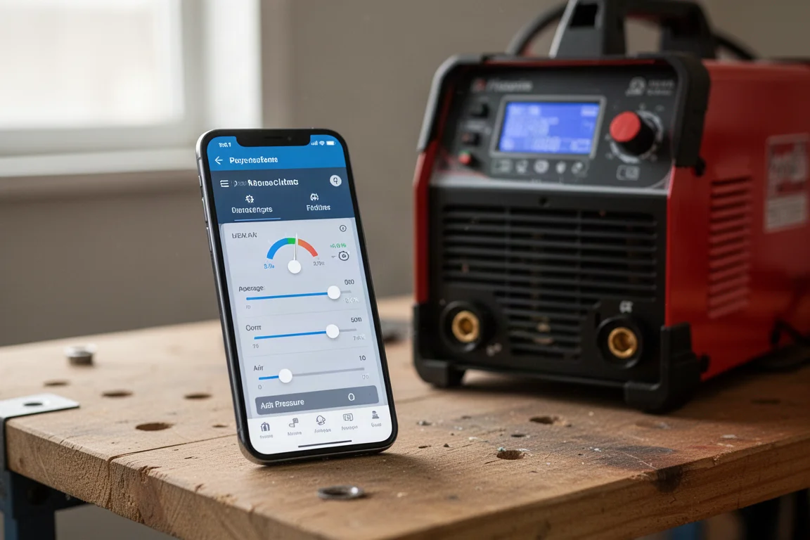 Smartphone showing plasma cutter control app beside the machine on a workbench