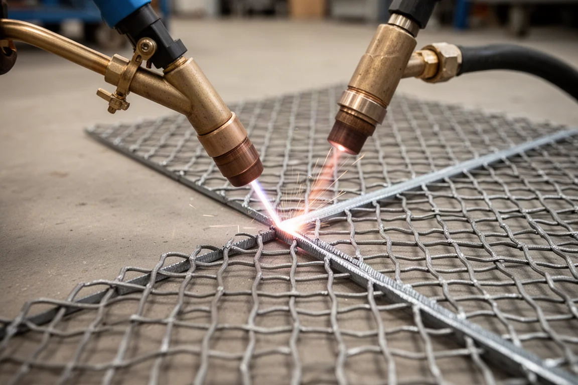 Plasma cutter torch cutting through expanded metal mesh with clean edges