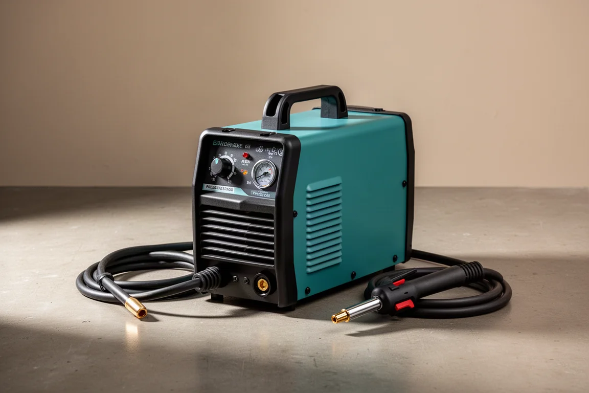 Compact teal and black plasma cutter with coiled torch lead on a concrete workshop floor