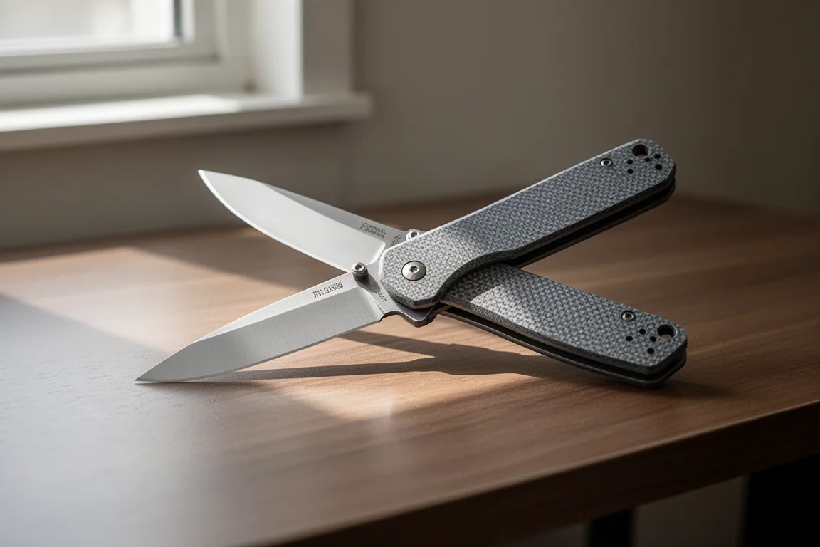 Folding knife half-open on a wooden desk with soft window light