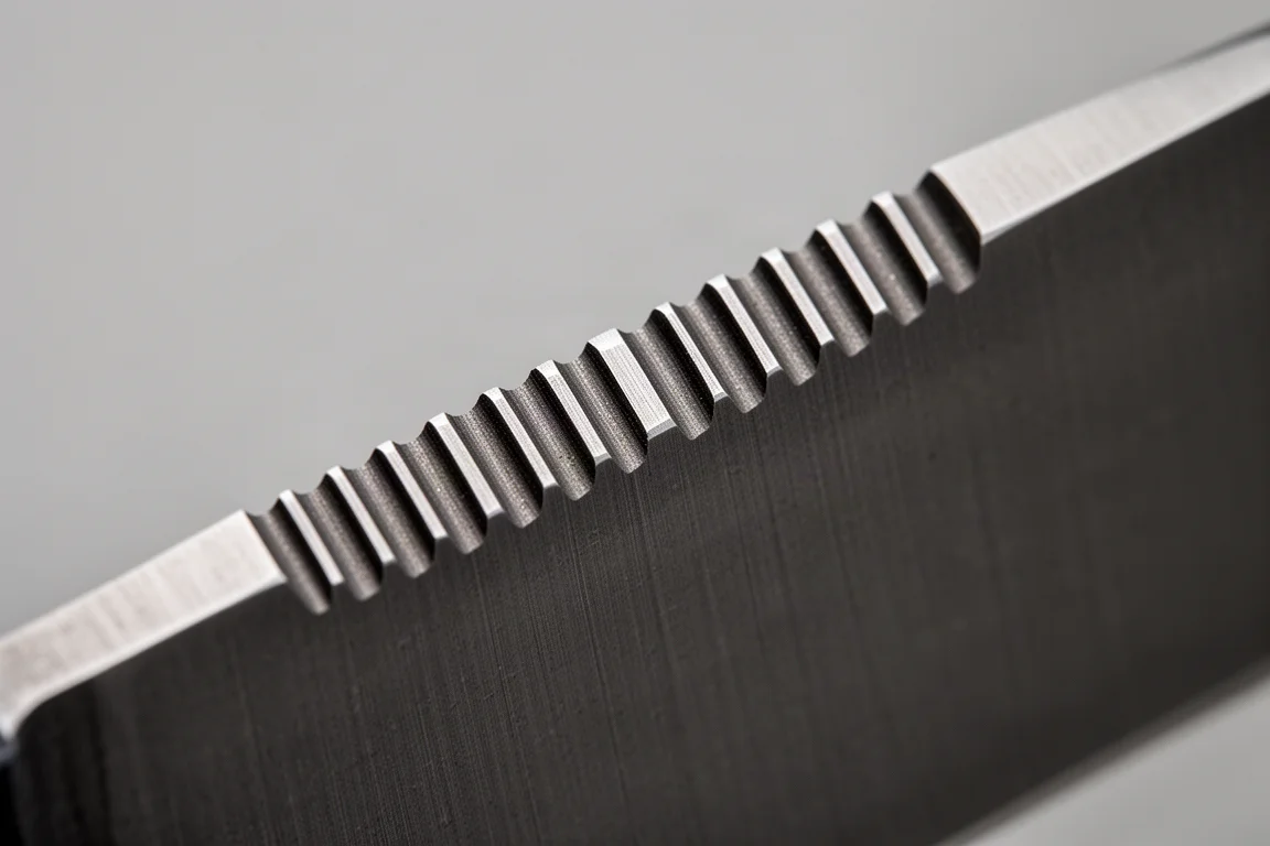 Extreme close-up of fine jimping grooves on a knife blade spine