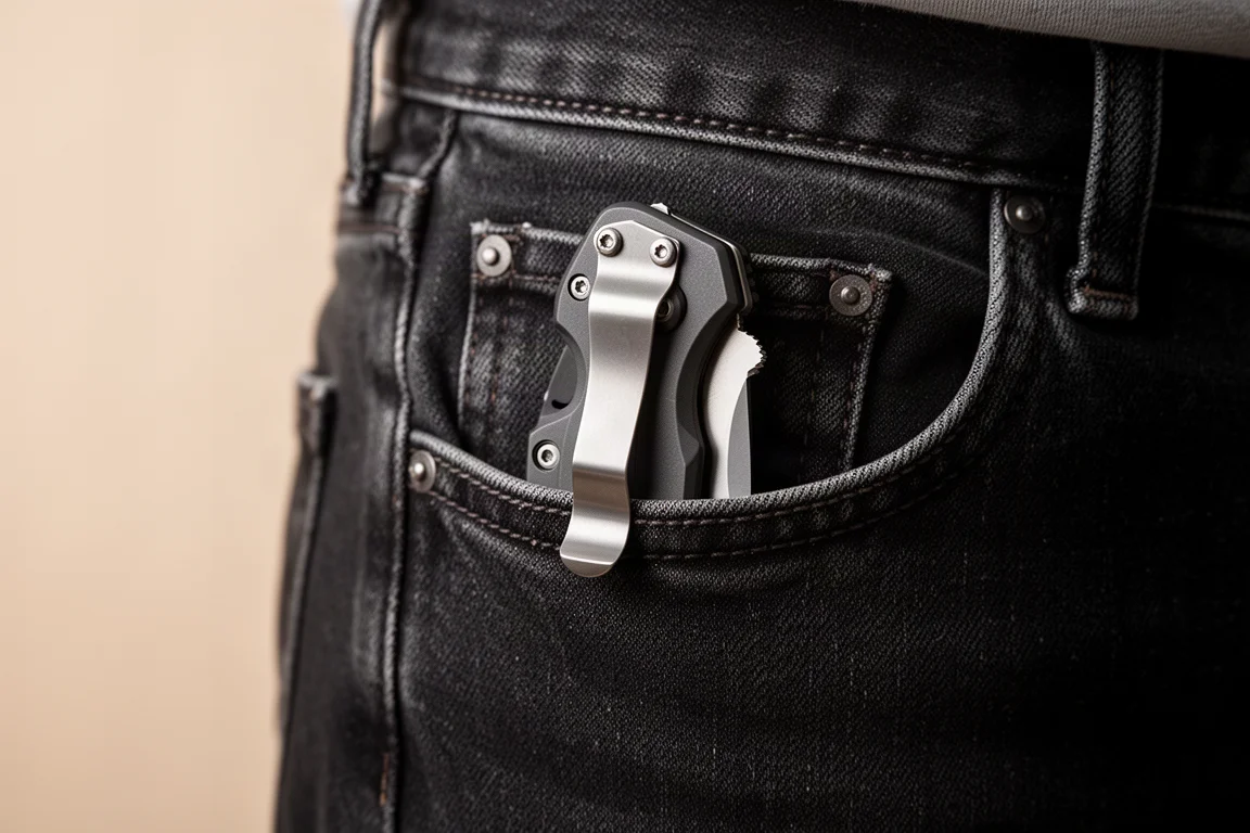 Pocket knife clipped inside a jeans pocket with clip sitting flush